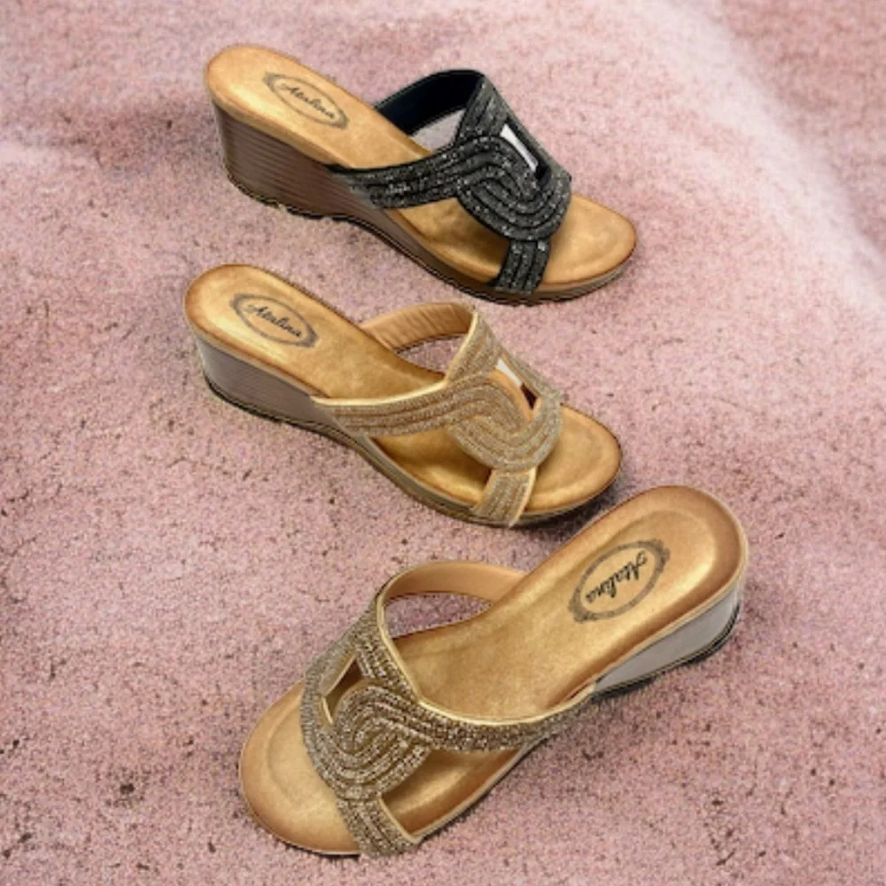 Italina Champagne Rhinestone Embellished Faux Leather Low Heeled Wedge Sandal